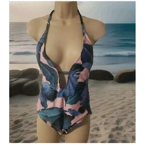 Missguided Women's 6 One piece swimsuit Halter Plunging front Hawaiian Print